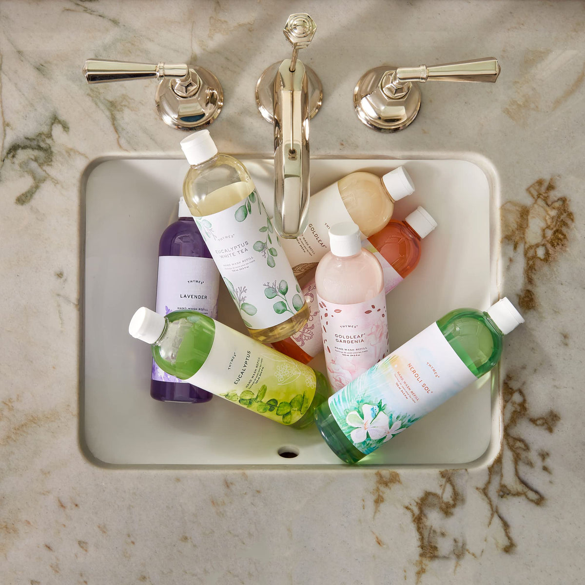 Close-up foam and texture of Thymes hand wash showing gentle lather and hydrating feel