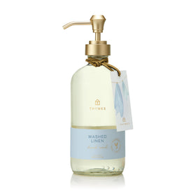 Thymes Washed Linen front bottle showing label and size for decorative sink
