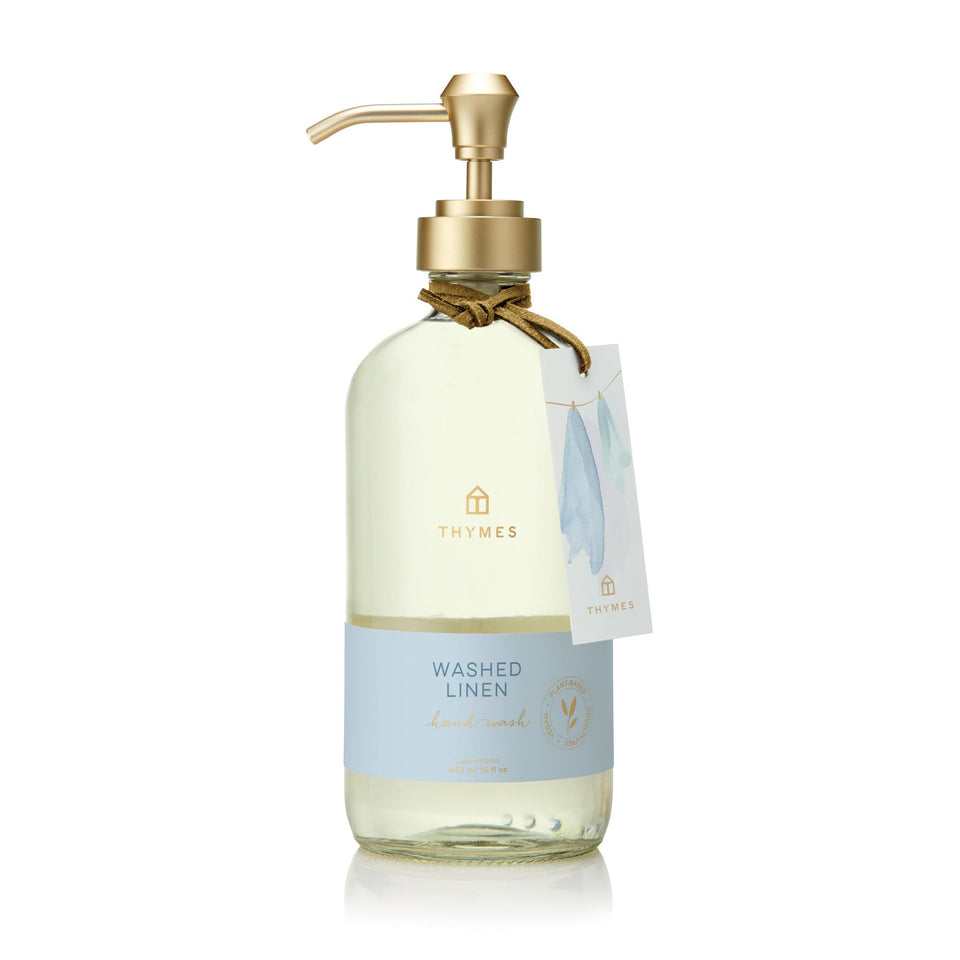 Thymes Washed Linen front bottle showing label and size for decorative sink