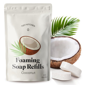 Tidy Kitchen pack front view showing coconut-scented refill tablets and benefits