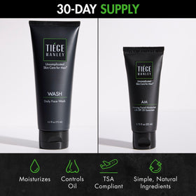 Tiege Hanley AM moisturizer tube detail highlighting SPF 20 protection