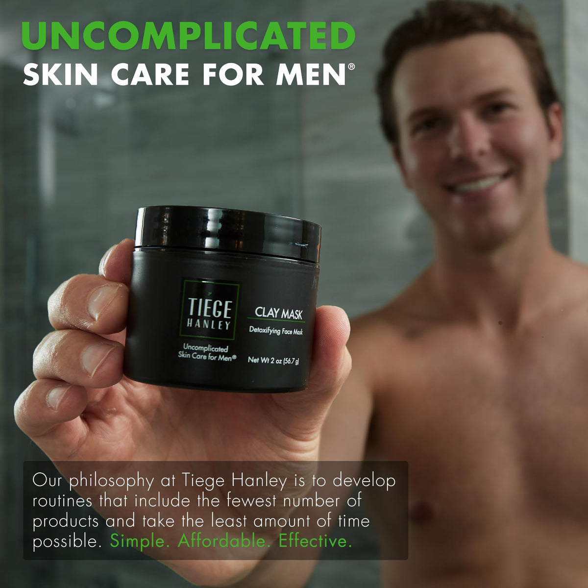 Tiege Hanley bathroom lifestyle shot showing simple routine and time-saving benefit