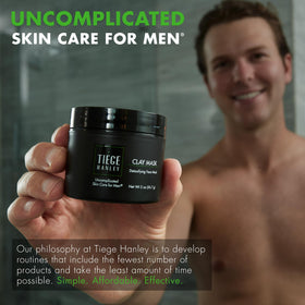 Tiege Hanley bathroom lifestyle shot showing simple routine and time-saving benefit