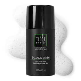 Tiege Hanley front view of 2.5 oz pump cleanser showing compact design and branding
