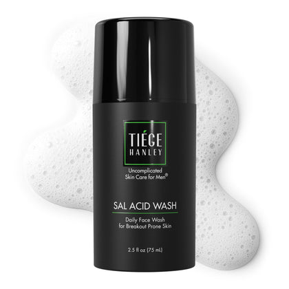 Tiege Hanley front view of 2.5 oz pump cleanser showing compact design and branding