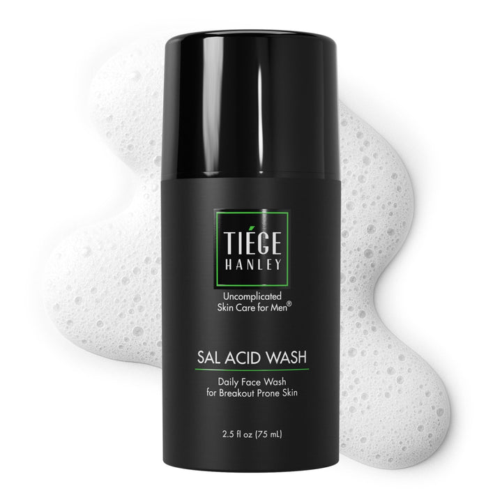 Tiege Hanley front view of 2.5 oz pump cleanser showing compact design and branding