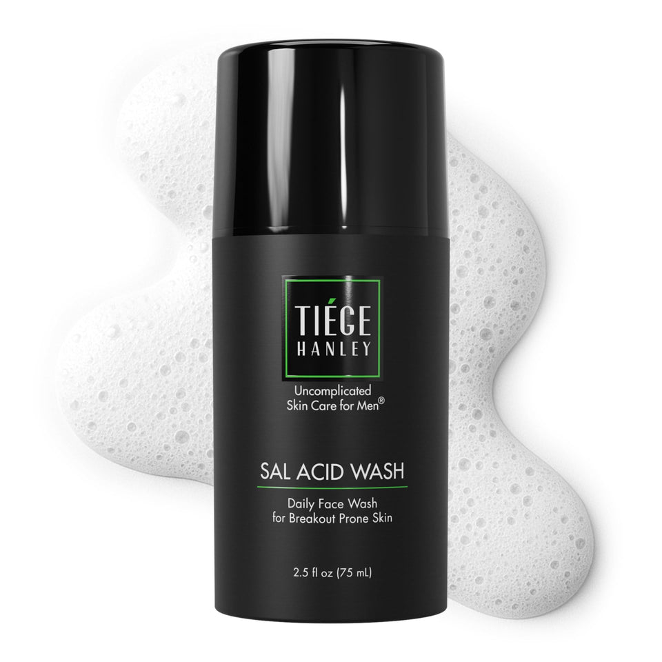 Tiege Hanley front view of 2.5 oz pump cleanser showing compact design and branding