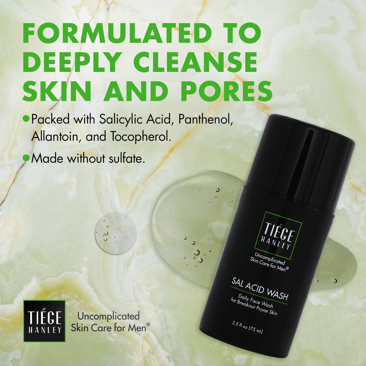 Tiege Hanley label listing salicylic acid and soothing ingredients for clear skin