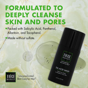 Tiege Hanley label listing salicylic acid and soothing ingredients for clear skin