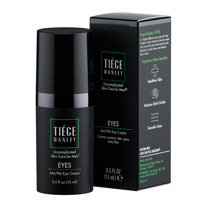 Tiege Hanley eye cream front compact shows label and sleek packaging for easy use
