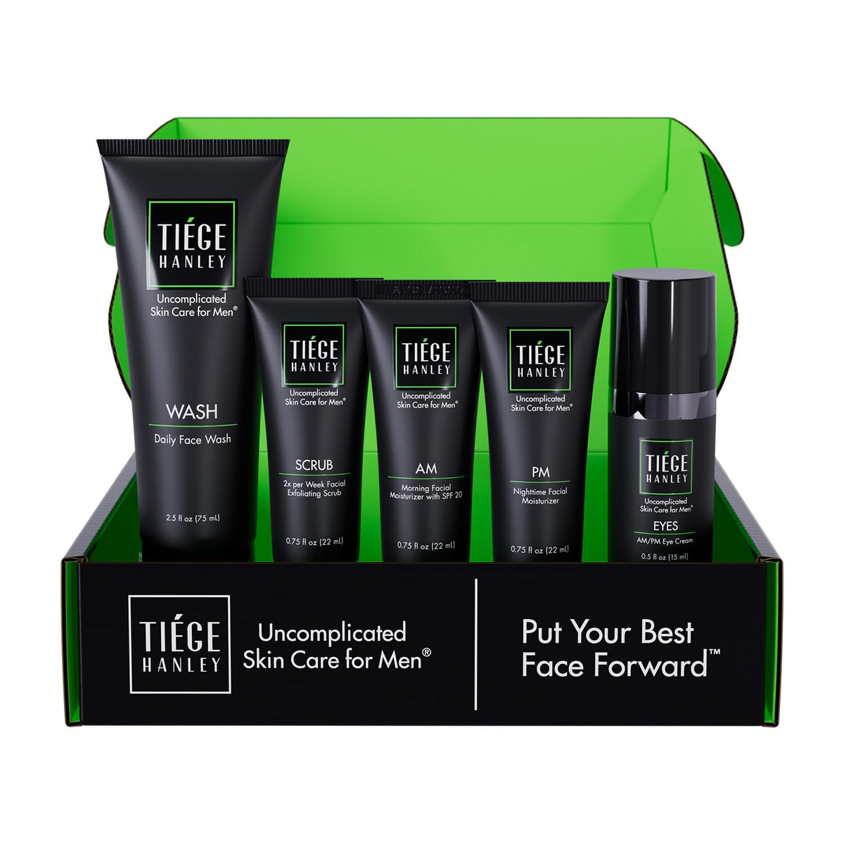 Tiege Hanley front packaging showing the five-piece kit and benefits