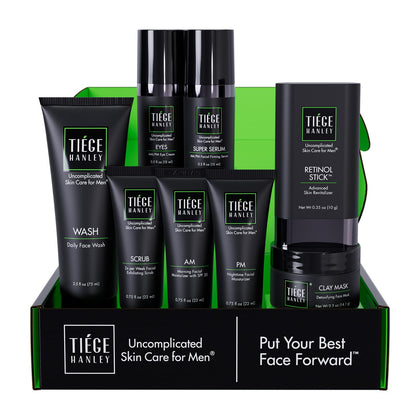 Tiege Hanley front packaging showing complete Level 5 kit for easy routine