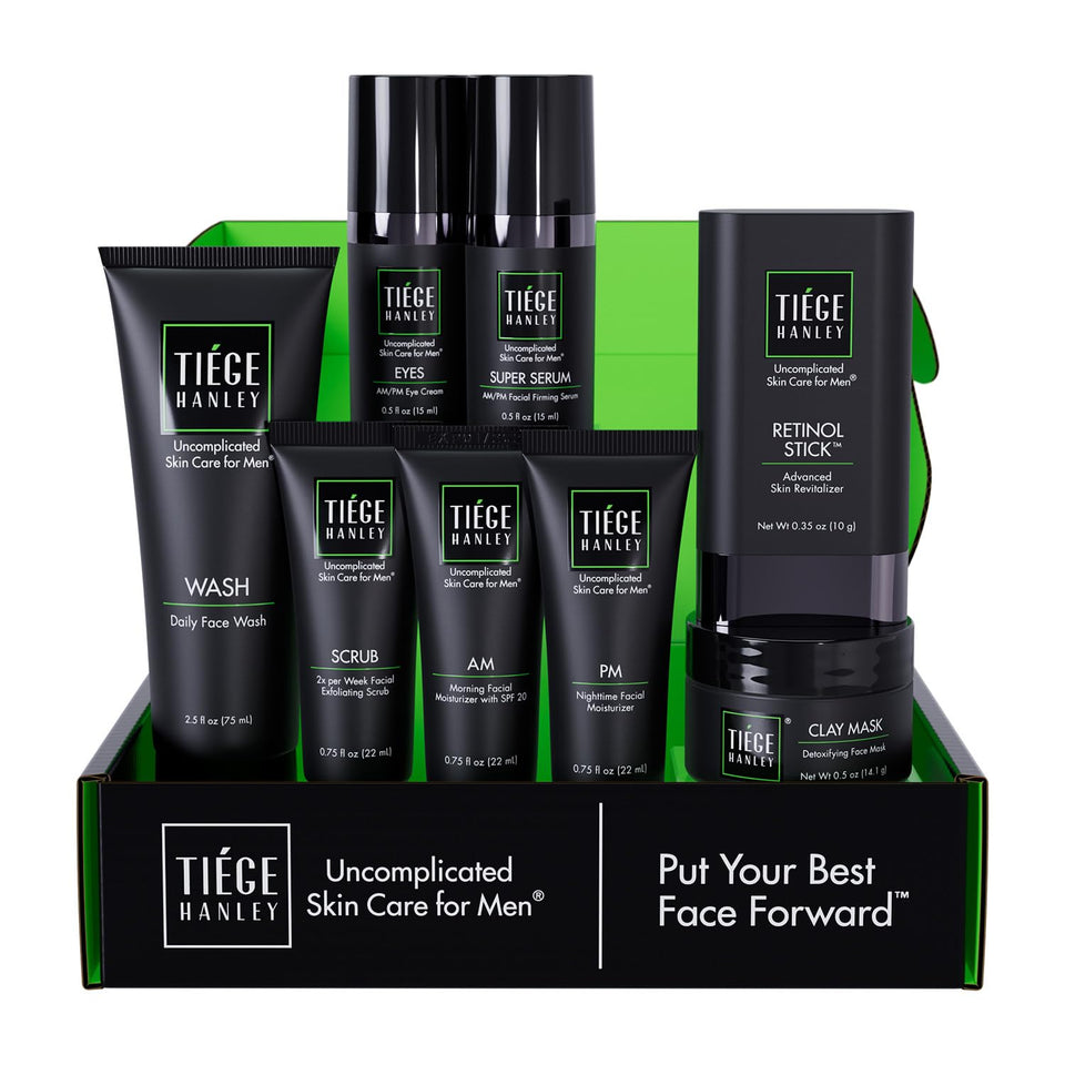 Tiege Hanley front packaging showing complete Level 5 kit for easy routine