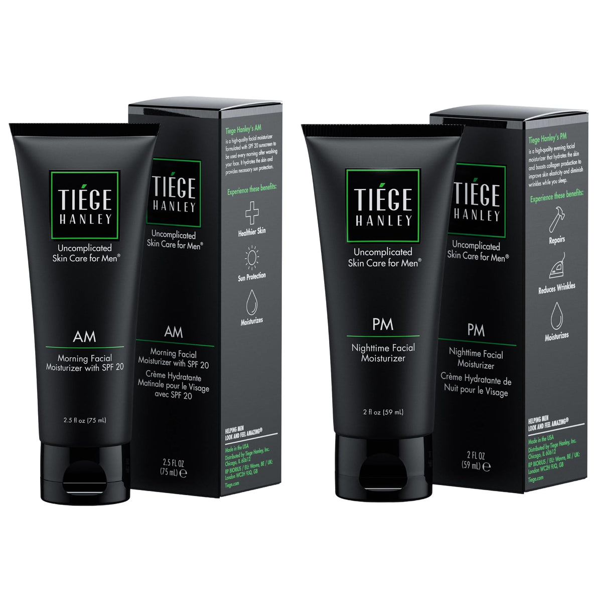 Tiege Hanley front packaging of AM and PM moisturizers showing compact set benefits