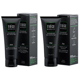 Tiege Hanley front packaging of AM and PM moisturizers showing compact set benefits