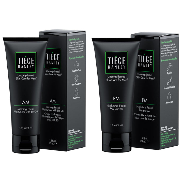 Tiege Hanley front packaging of AM and PM moisturizers showing compact set benefits