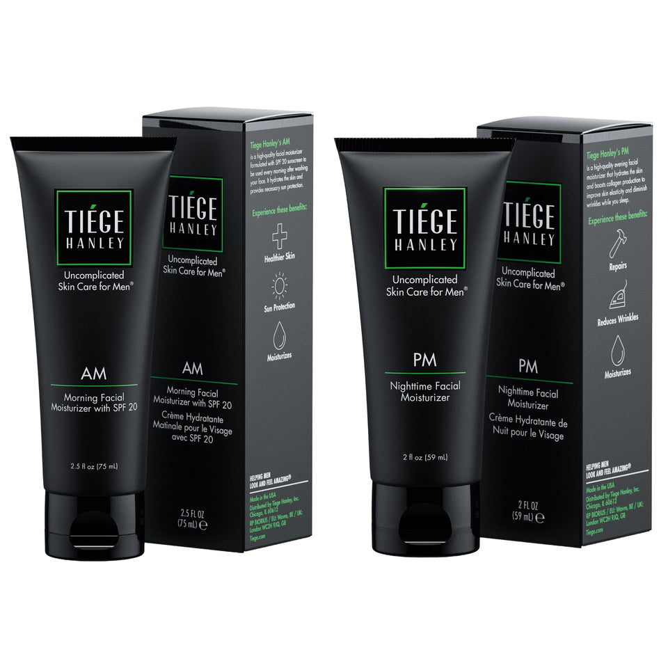 Tiege Hanley front packaging of AM and PM moisturizers showing compact set benefits
