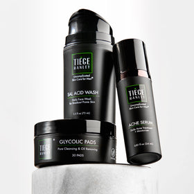 Tiege Hanley kit front packaging showing all three products and simplified routine benefits