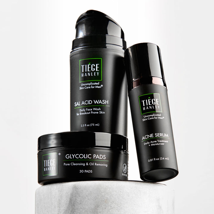 Tiege Hanley kit front packaging showing all three products and simplified routine benefits