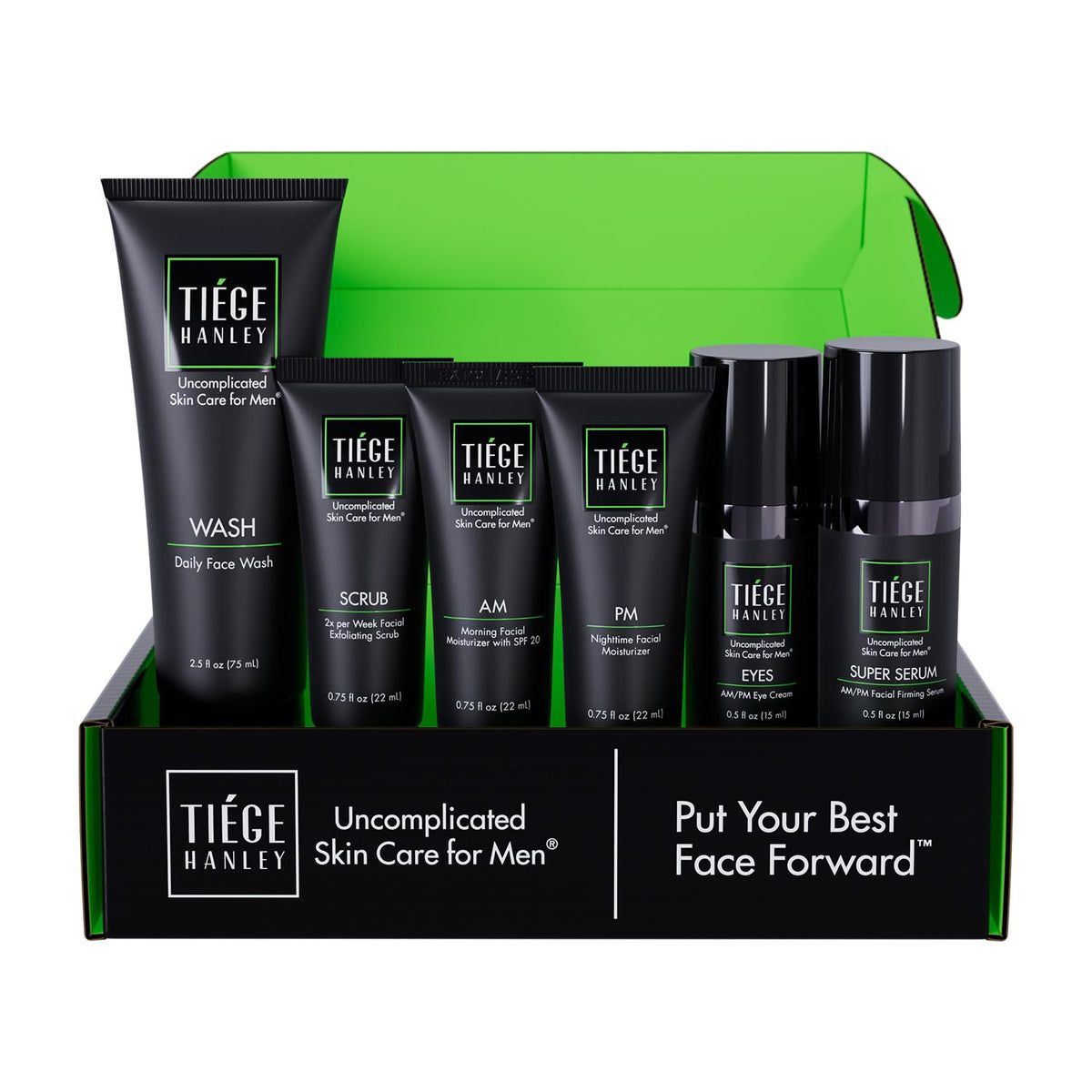 Tiege Hanley front packaging showing the six-piece kit and clear benefits