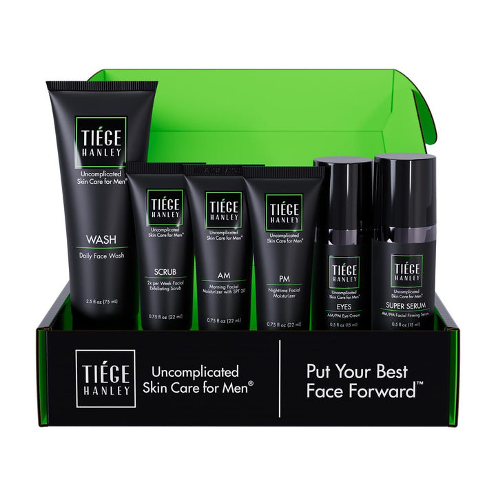 Tiege Hanley front packaging showing the six-piece kit and clear benefits