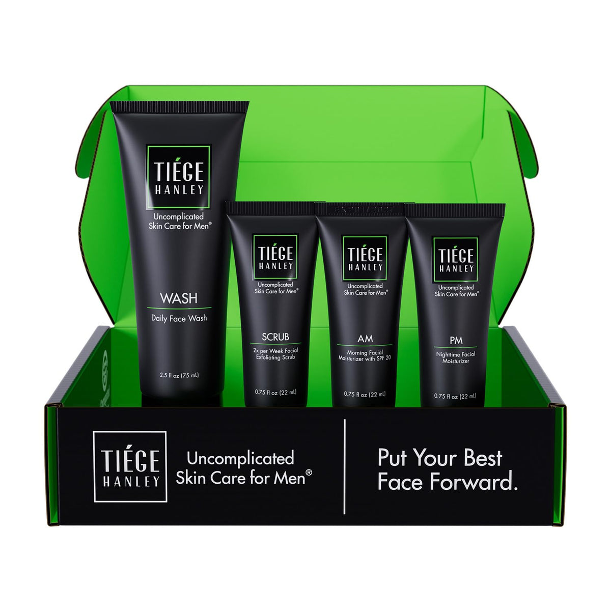Tiege Hanley front packaging showing the four-piece kit and benefits