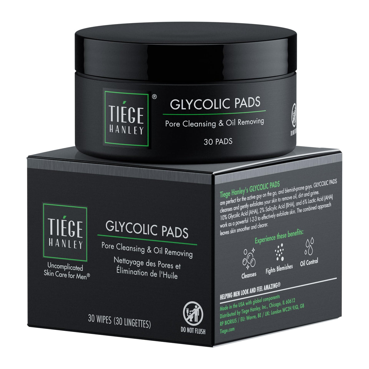 Tiege Hanley front packaging showing product and quick exfoliation benefit