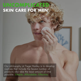 Tiege Hanley on bathroom counter in routine setting promoting simple grooming