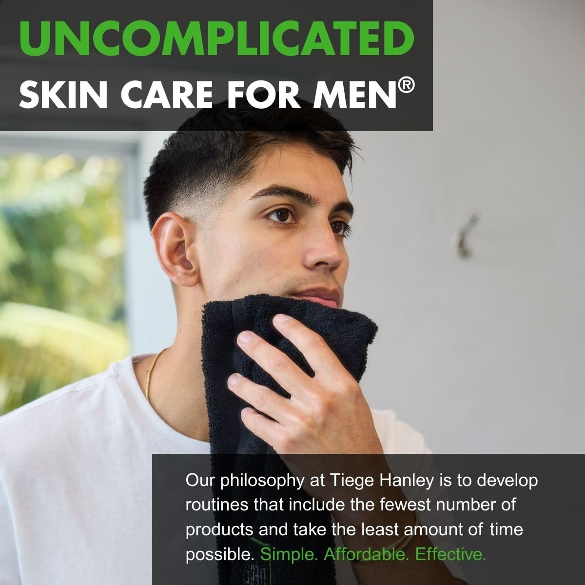 Tiege Hanley lifestyle shot of man washing face to show quick daily routine benefit