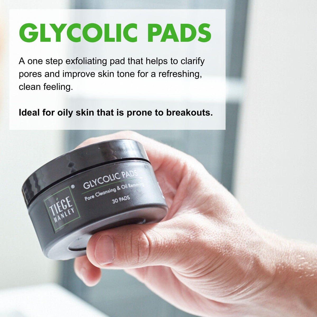 Tiege Hanley pad in hand to show one-step exfoliation convenience
