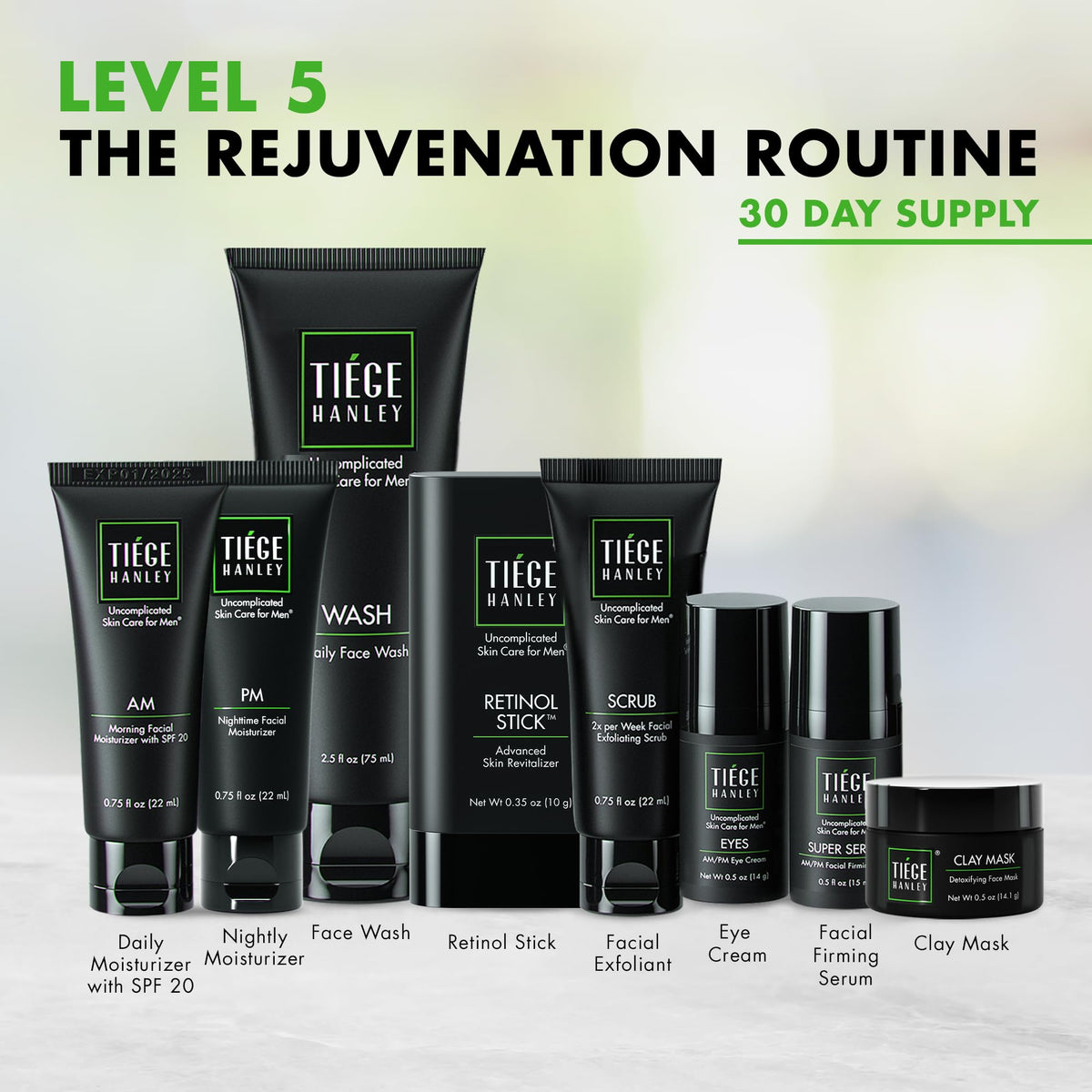 Tiege Hanley products lined up on bathroom counter for quick morning use