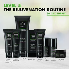 Tiege Hanley products lined up on bathroom counter for quick morning use
