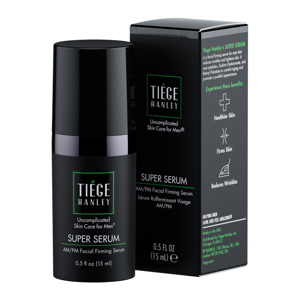 Tiege Hanley front bottle showing compact serum packaging and clear branding