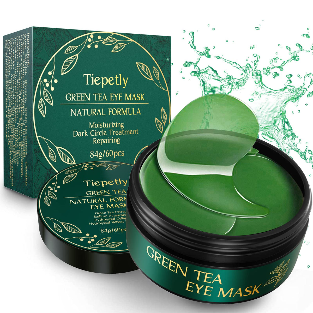Tiepetly front jar showing label and 60 green tea collagen eye patches for quick refresh