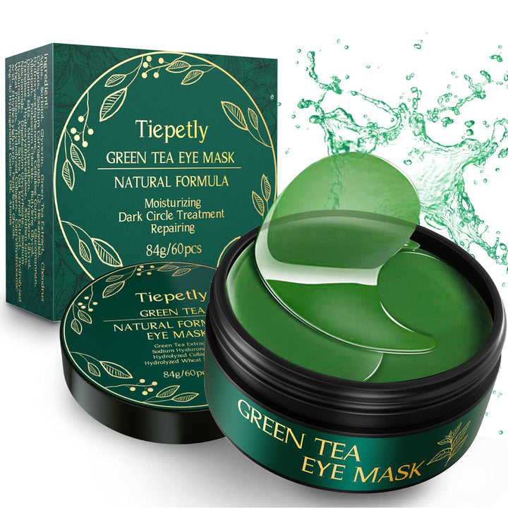 Tiepetly front jar showing label and 60 green tea collagen eye patches for quick refresh
