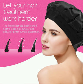 Tifara Beauty cap worn during conditioning session demonstrating comfortable hands-free benefit
