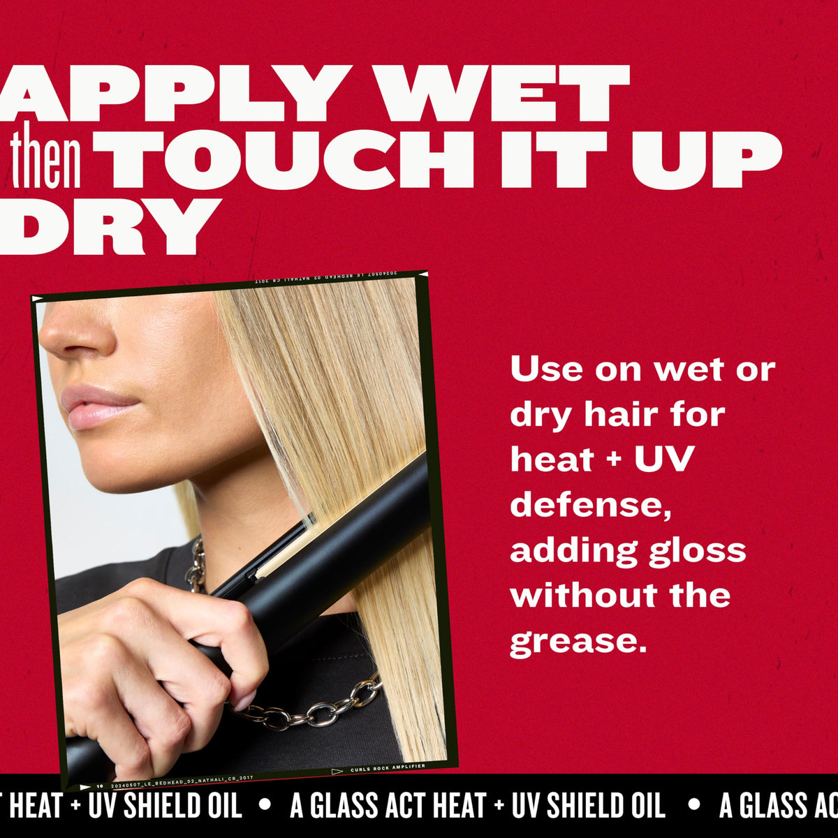 TIGI Bed Head oil being applied to damp hair to protect from heat and tame frizz