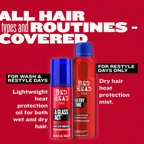 TIGI Bed Head bottle on bathroom counter in styling routine, promoting salon results at home