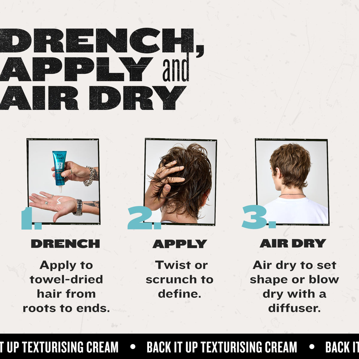 TIGI Bed Head before and after on curly hair, shows enhanced definition