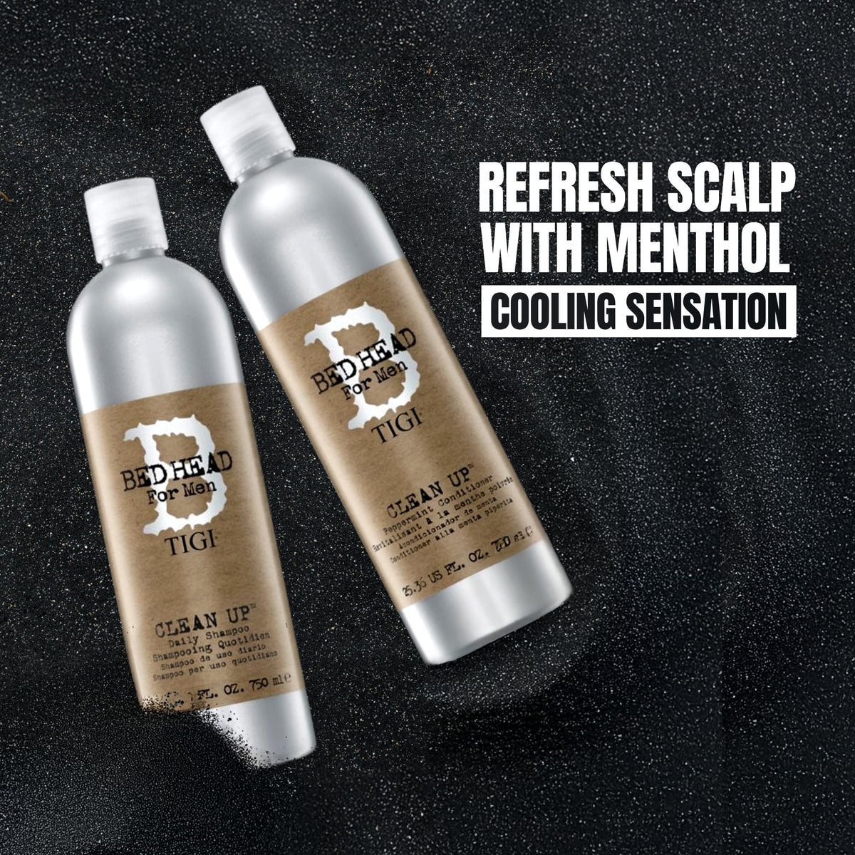 TIGI Bed Head shampoo in shower on wet hair showing invigorating menthol cleanse