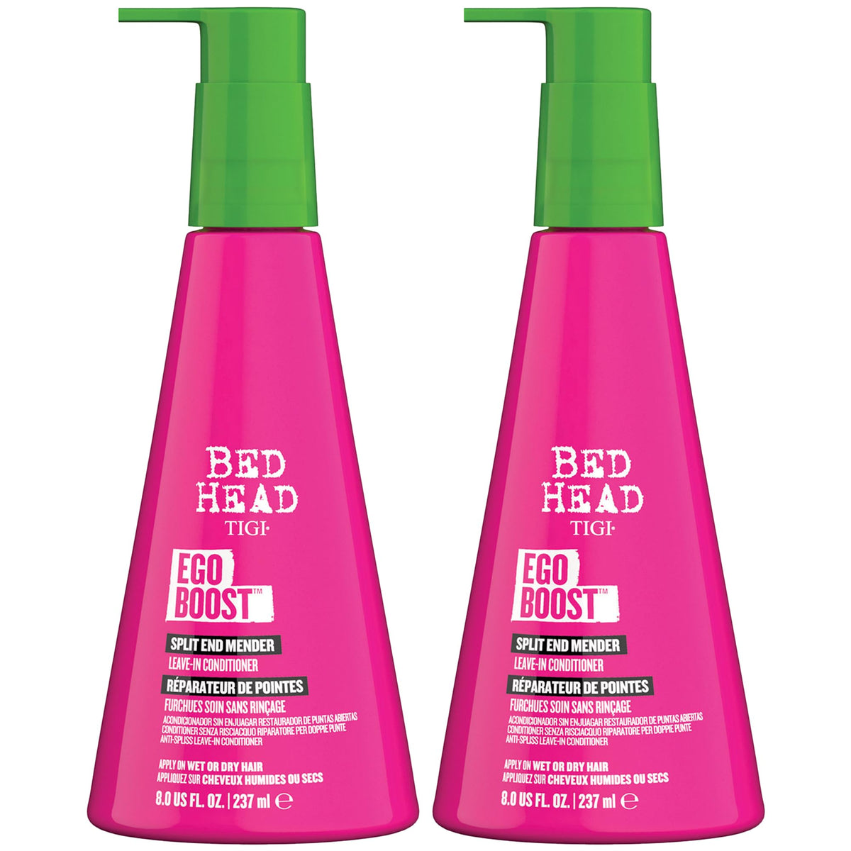 TIGI Bed Head front packaging showing two 8 oz bottles and brand benefits