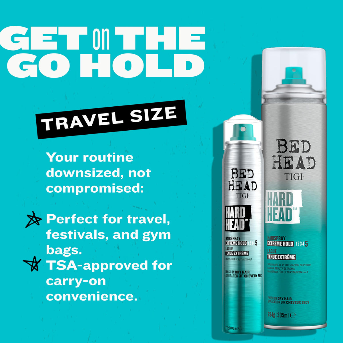 Aerosol mist spraying from TIGI Bed Head Hard Head demonstrating quick drying and strong hold