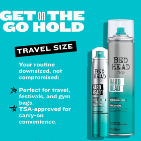 Aerosol mist spraying from TIGI Bed Head Hard Head demonstrating quick drying and strong hold
