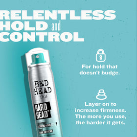 Close-up of TIGI Bed Head Hard Head label highlighting product information and professional quality