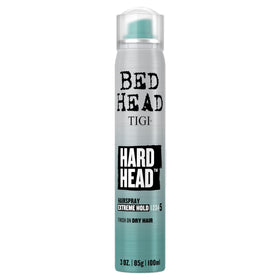 TIGI Bed Head Hard Head front can showing branding and compact travel size benefit