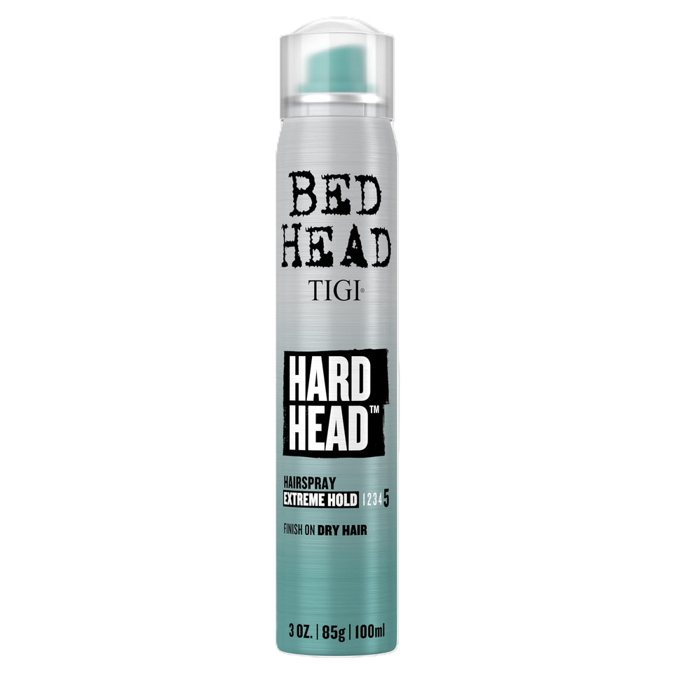 TIGI Bed Head Hard Head front can showing branding and compact travel size benefit