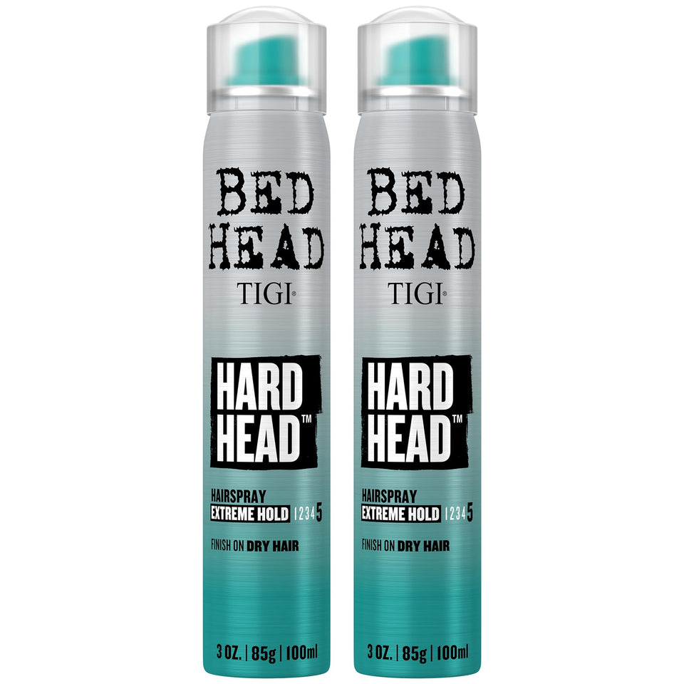 TIGI Bed Head front packaging showing travel-size 3 oz cans and branding benefit carry-on ready