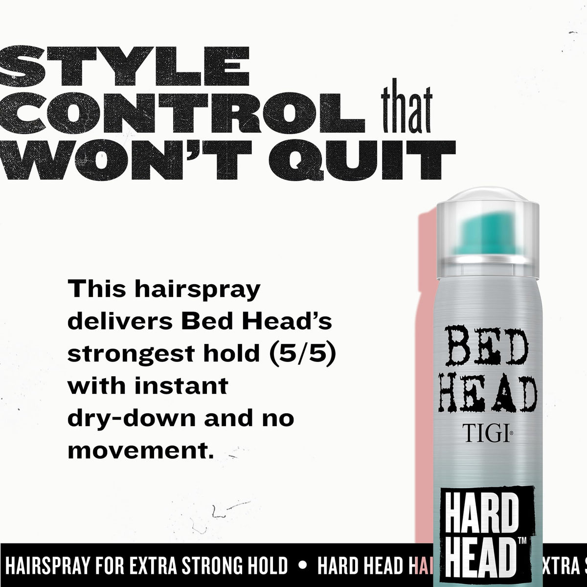 TIGI Bed Head spray action mid-air illustrating fine mist and even distribution benefit