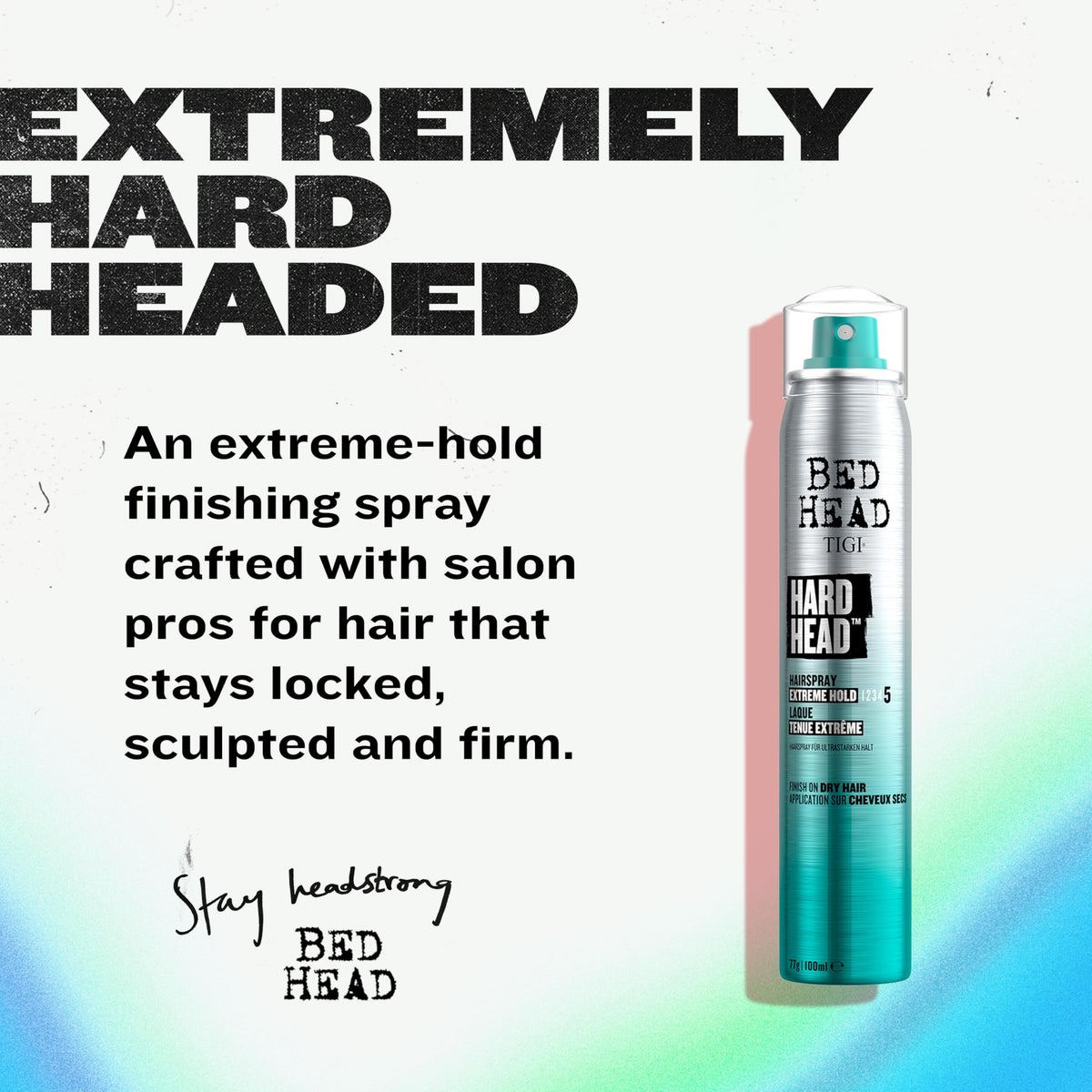 Hand holding TIGI Bed Head Hard Head travel can to show portability and on-the-go convenience