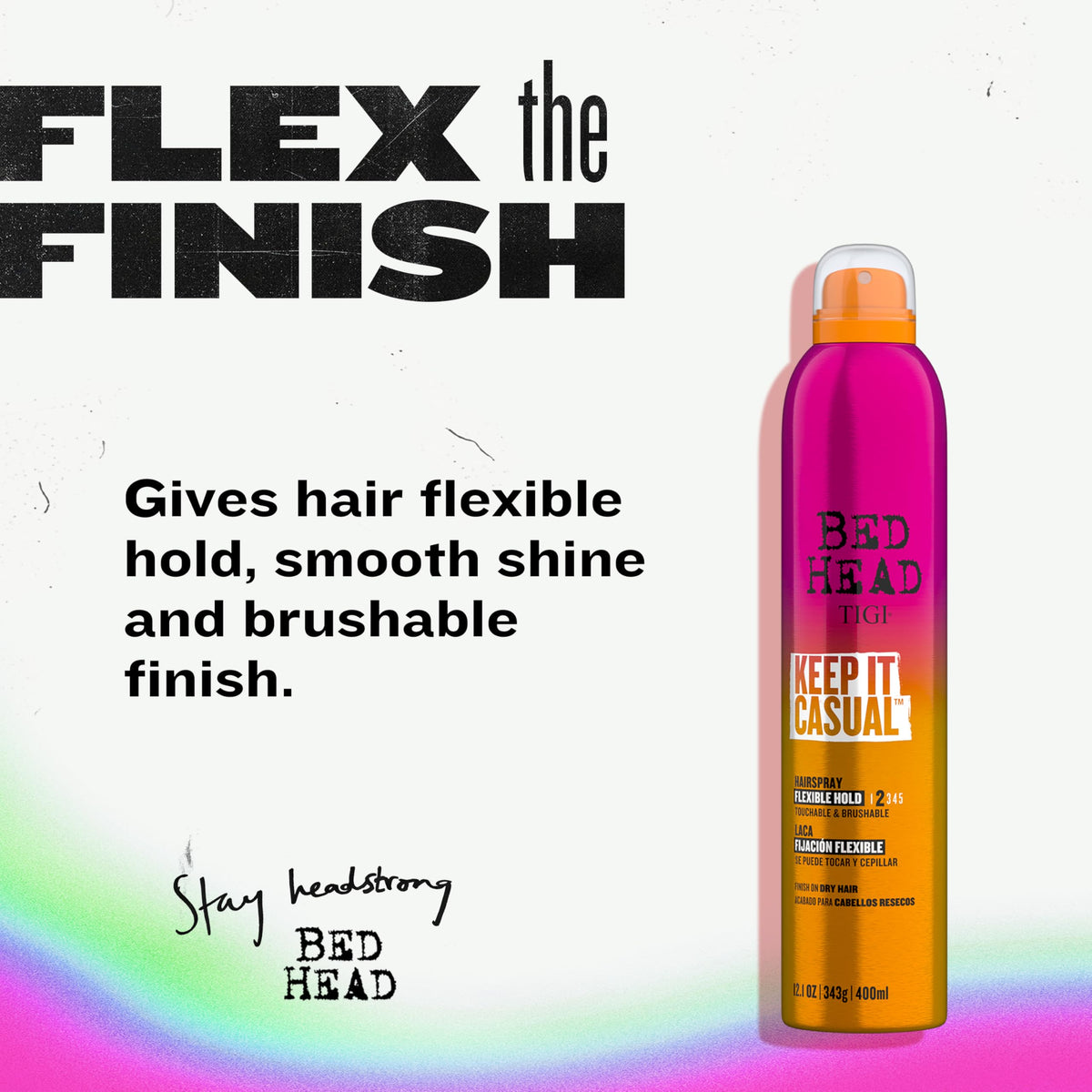 TIGI Bed Head mist spraying over hair demonstrating fine even coverage and natural hold